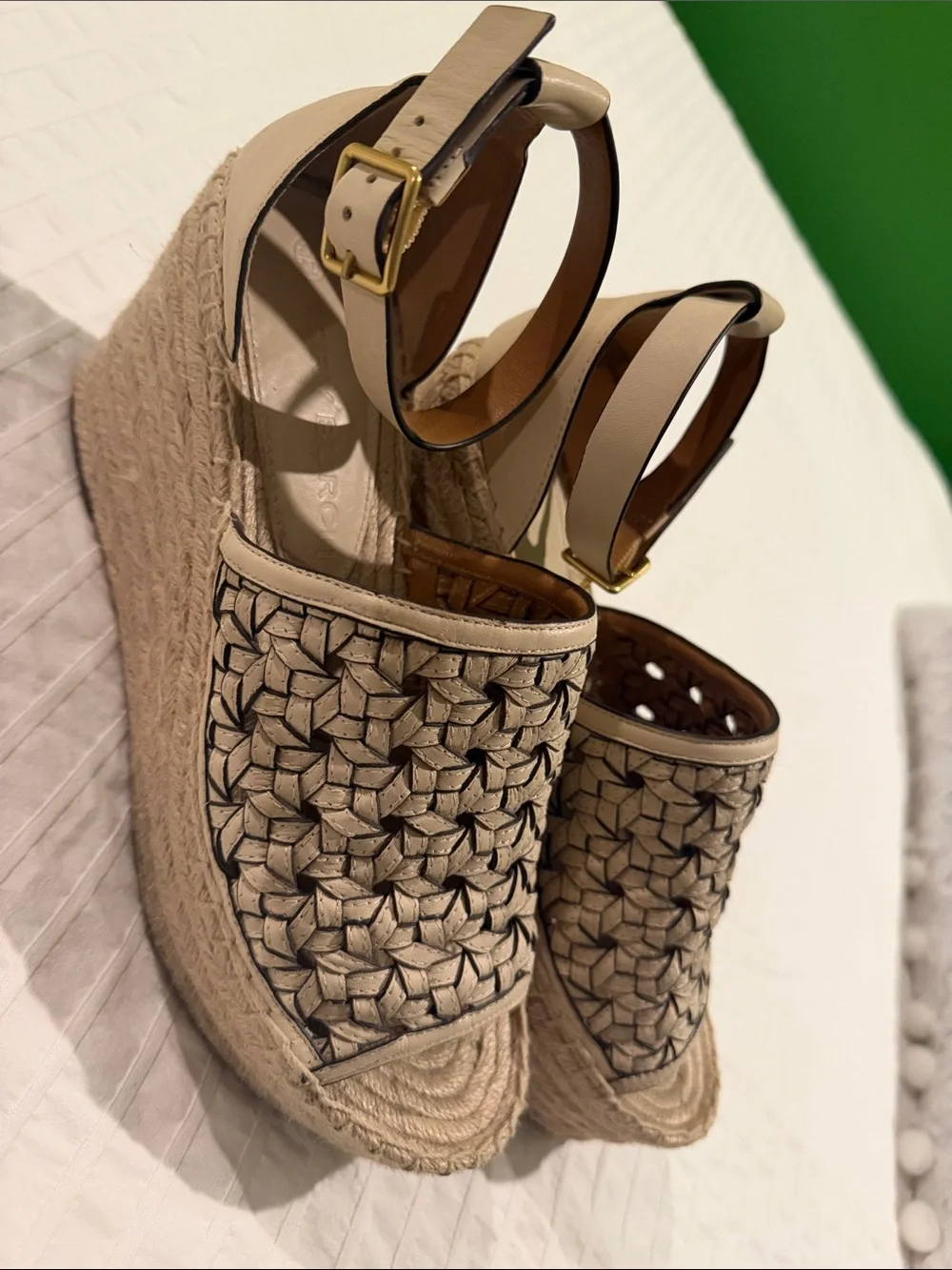 Tory Burch Beige Woven Espadrille Wedge Sandals